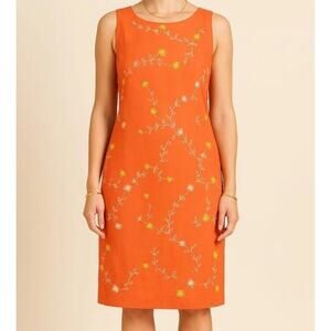 Coldwater Creek Orange Linen Dress Women’s 16 Floral Embroidered Lined Spring
